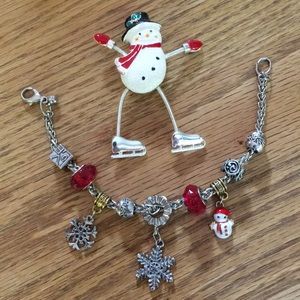 Holiday snowman pin and holiday charm bracelet